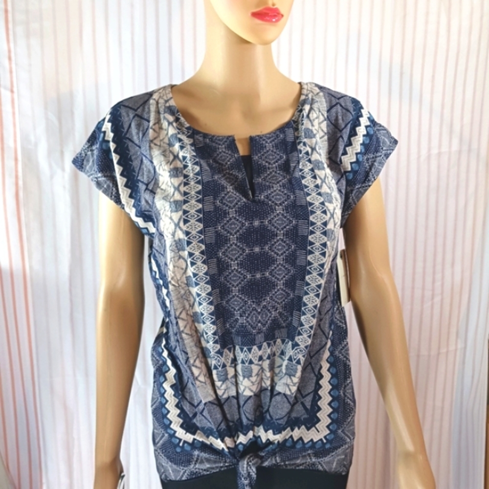 LUCKY BRAND Split Neck Short Sleeve Tie Front Bottom Soft Stretchy Boho …